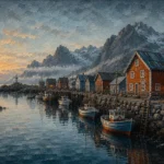 Harbor Rust Nordic Coastal Wall Art featuring line of wooden fishing huts along a stone quay for refined interiors
