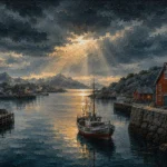 Harbor Rust Nordic Coastal Wall Art featuring single moored vessel beneath a cloud-heavy sky for refined interiors