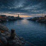 Harbor Rust Nordic Coastal Wall Art featuring narrow harbor entrance framed by granite outcrops for refined interiors