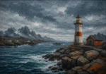 Harbor Rust Nordic Coastal Wall Art featuring weathered beacon standing above slate-colored waves for refined interiors