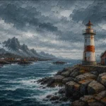 Harbor Rust Nordic Coastal Wall Art featuring weathered beacon standing above slate-colored waves for refined interiors