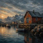 Harbor Rust Nordic Coastal Wall Art featuring rust-red boathouse reflected in sheltered water for refined interiors