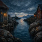 Harbor Rust Nordic Coastal Wall Art featuring narrow harbor entrance framed by granite outcrops for refined interiors