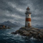 Harbor Rust Nordic Coastal Wall Art featuring weathered beacon standing above slate-colored waves for refined interiors