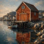 Harbor Rust Nordic Coastal Wall Art featuring rust-red boathouse reflected in sheltered water for refined interiors