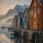 Harbor Rust Nordic Coastal Wall Art featuring line of wooden fishing huts along a stone quay for refined interiors