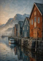 Harbor Rust Nordic Coastal Wall Art featuring line of wooden fishing huts along a stone quay for refined interiors