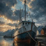 Harbor Rust Nordic Coastal Wall Art featuring single moored vessel beneath a cloud-heavy sky for refined interiors