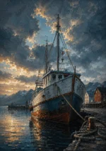 Harbor Rust Nordic Coastal Wall Art featuring single moored vessel beneath a cloud-heavy sky for refined interiors