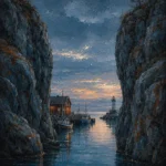 Harbor Rust Nordic Coastal Wall Art featuring narrow harbor entrance framed by granite outcrops for refined interiors