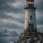 Harbor Rust Nordic Coastal Wall Art featuring weathered beacon standing above slate-colored waves for refined interiors