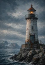 Harbor Rust Nordic Coastal Wall Art featuring weathered beacon standing above slate-colored waves for refined interiors