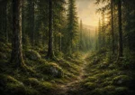 Pine Moss Scandinavian Forest Wall Art featuring narrow path disappearing between tall spruce trees for refined interiors