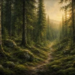 Pine Moss Scandinavian Forest Wall Art featuring narrow path disappearing between tall spruce trees for refined interiors
