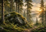 Pine Moss Scandinavian Forest Wall Art featuring moss-covered boulder beneath a cathedral of pines for refined interiors