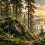 Pine Moss Scandinavian Forest Wall Art featuring moss-covered boulder beneath a cathedral of pines for refined interiors
