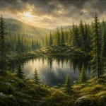 Pine Moss Scandinavian Forest Wall Art featuring small woodland lake reflecting dark green branches for refined interiors