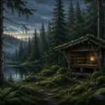 Pine Moss Scandinavian Forest Wall Art featuring weathered timber shelter beside fern-covered ground for refined interiors
