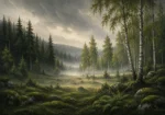 Pine Moss Scandinavian Forest Wall Art featuring silver birch clearing illuminated by morning mist for refined interiors