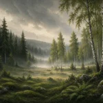 Pine Moss Scandinavian Forest Wall Art featuring silver birch clearing illuminated by morning mist for refined interiors