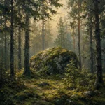 Pine Moss Scandinavian Forest Wall Art featuring moss-covered boulder beneath a cathedral of pines for refined interiors