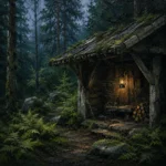 Pine Moss Scandinavian Forest Wall Art featuring weathered timber shelter beside fern-covered ground for refined interiors