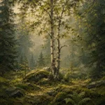 Pine Moss Scandinavian Forest Wall Art featuring silver birch clearing illuminated by morning mist for refined interiors