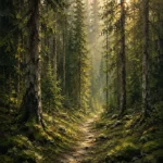 Pine Moss Scandinavian Forest Wall Art featuring narrow path disappearing between tall spruce trees for refined interiors