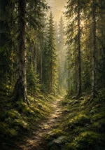 Pine Moss Scandinavian Forest Wall Art featuring narrow path disappearing between tall spruce trees for refined interiors