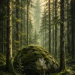 Pine Moss Scandinavian Forest Wall Art featuring moss-covered boulder beneath a cathedral of pines for refined interiors