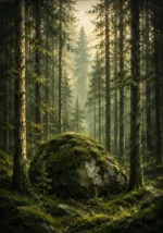 Pine Moss Scandinavian Forest Wall Art featuring moss-covered boulder beneath a cathedral of pines for refined interiors