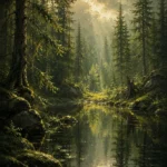 Pine Moss Scandinavian Forest Wall Art featuring small woodland lake reflecting dark green branches for refined interiors