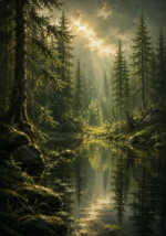 Pine Moss Scandinavian Forest Wall Art featuring small woodland lake reflecting dark green branches for refined interiors