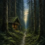 Pine Moss Scandinavian Forest Wall Art featuring weathered timber shelter beside fern-covered ground for refined interiors