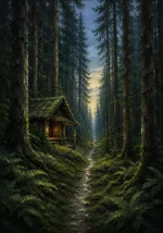 Pine Moss Scandinavian Forest Wall Art featuring weathered timber shelter beside fern-covered ground for refined interiors