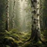 Pine Moss Scandinavian Forest Wall Art featuring silver birch clearing illuminated by morning mist for refined interiors