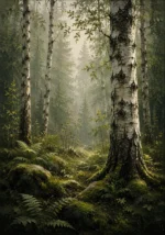 Pine Moss Scandinavian Forest Wall Art featuring silver birch clearing illuminated by morning mist for refined interiors