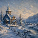 Snowbound Blue Scandinavian Winter Wall Art featuring timber chapel beneath snow-laden fir trees for refined interiors