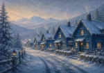 Snowbound Blue Scandinavian Winter Wall Art featuring row of glowing cottages along a frozen lane for refined interiors