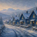 Snowbound Blue Scandinavian Winter Wall Art featuring row of glowing cottages along a frozen lane for refined interiors
