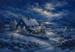 Snowbound Blue Scandinavian Winter Wall Art featuring steep-roofed farmhouse under a cobalt evening sky for refined interiors