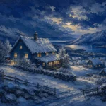 Snowbound Blue Scandinavian Winter Wall Art featuring steep-roofed farmhouse under a cobalt evening sky for refined interiors