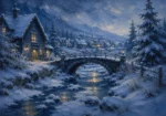 Snowbound Blue Scandinavian Winter Wall Art featuring small bridge crossing an ice-edged stream for refined interiors