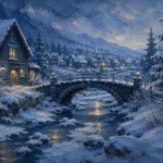 Snowbound Blue Scandinavian Winter Wall Art featuring small bridge crossing an ice-edged stream for refined interiors