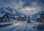 Snowbound Blue Scandinavian Winter Wall Art featuring village square illuminated by warm window light for refined interiors