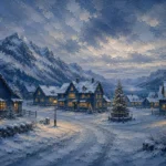 Snowbound Blue Scandinavian Winter Wall Art featuring village square illuminated by warm window light for refined interiors