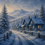 Snowbound Blue Scandinavian Winter Wall Art featuring row of glowing cottages along a frozen lane for refined interiors