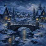Snowbound Blue Scandinavian Winter Wall Art featuring small bridge crossing an ice-edged stream for refined interiors