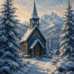 Snowbound Blue Scandinavian Winter Wall Art featuring timber chapel beneath snow-laden fir trees for refined interiors