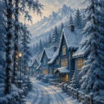 Snowbound Blue Scandinavian Winter Wall Art featuring row of glowing cottages along a frozen lane for refined interiors